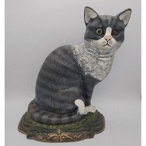 Vintage Cast Iron Black and White Tabby Striped Cat Doorstop